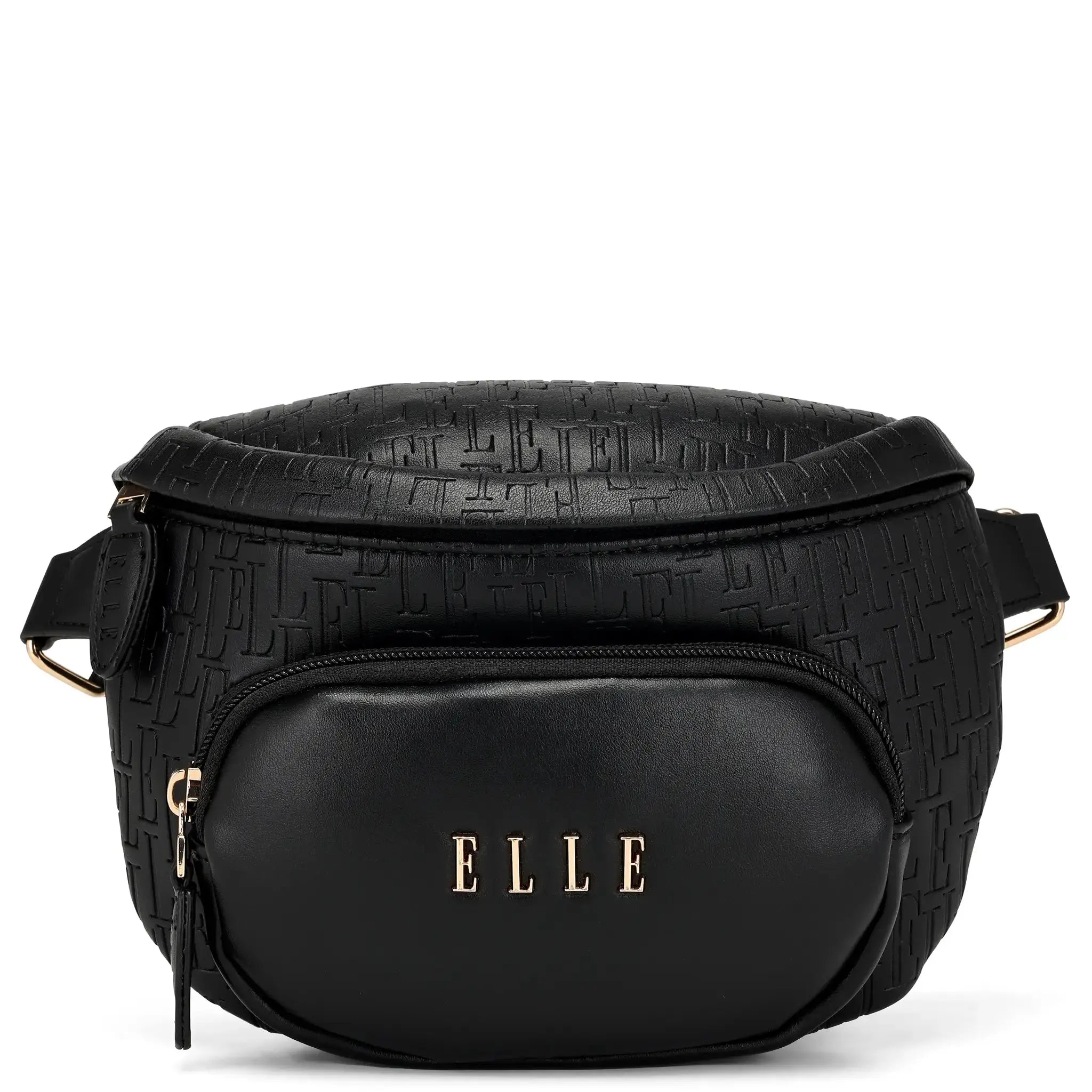 Black textured fanny pack with 'ELLE' branding on a white background