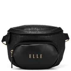 Black textured fanny pack with 'ELLE' branding on a white background