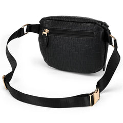 Black textured waist bag with a strap on a white background