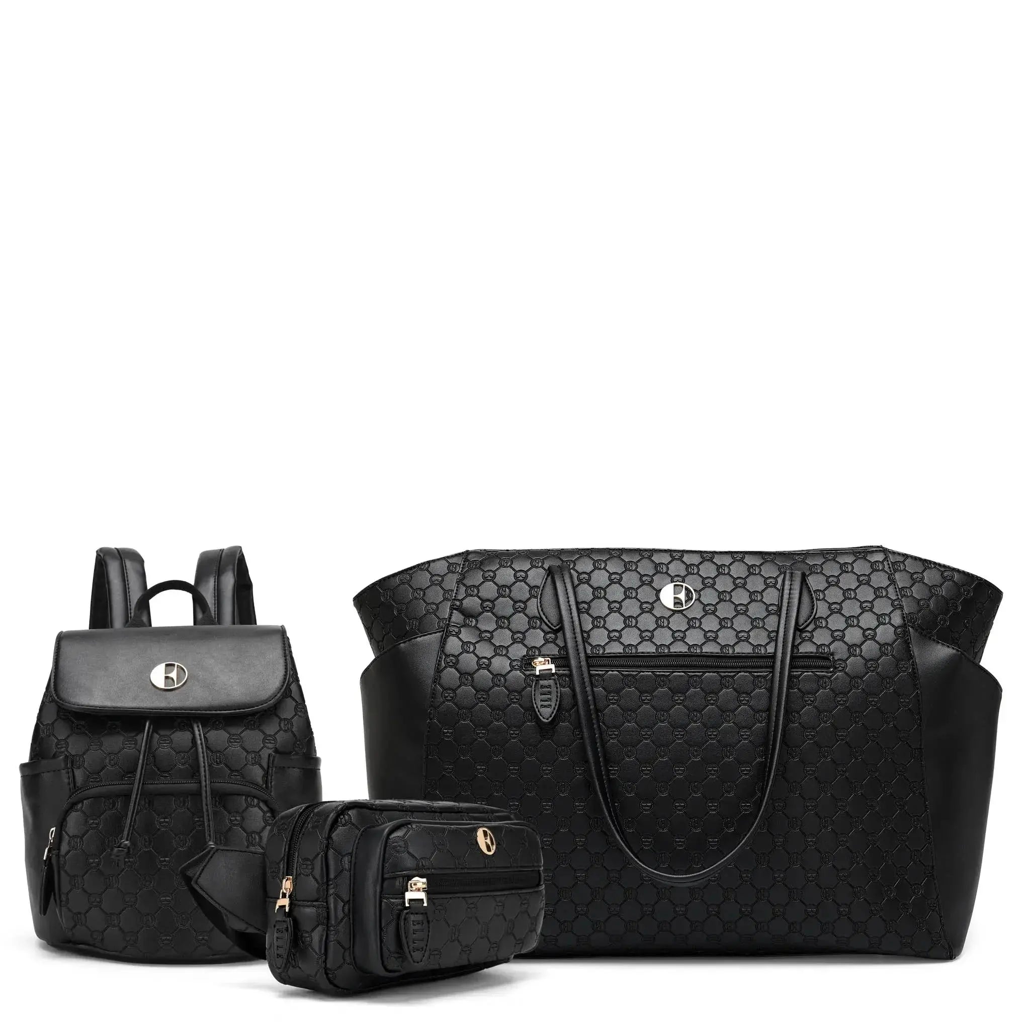 Black quilted handbag, backpack, and small pouch on a white background