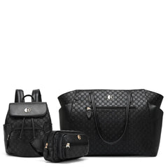 Black quilted handbag, backpack, and small pouch on a white background