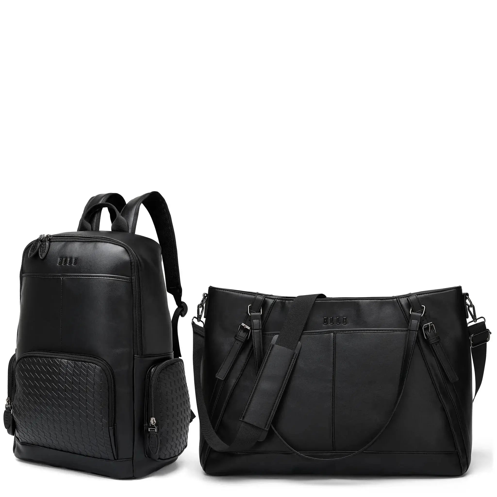 Black leather backpack and handbag on a white background