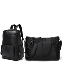 Black leather backpack and handbag on a white background
