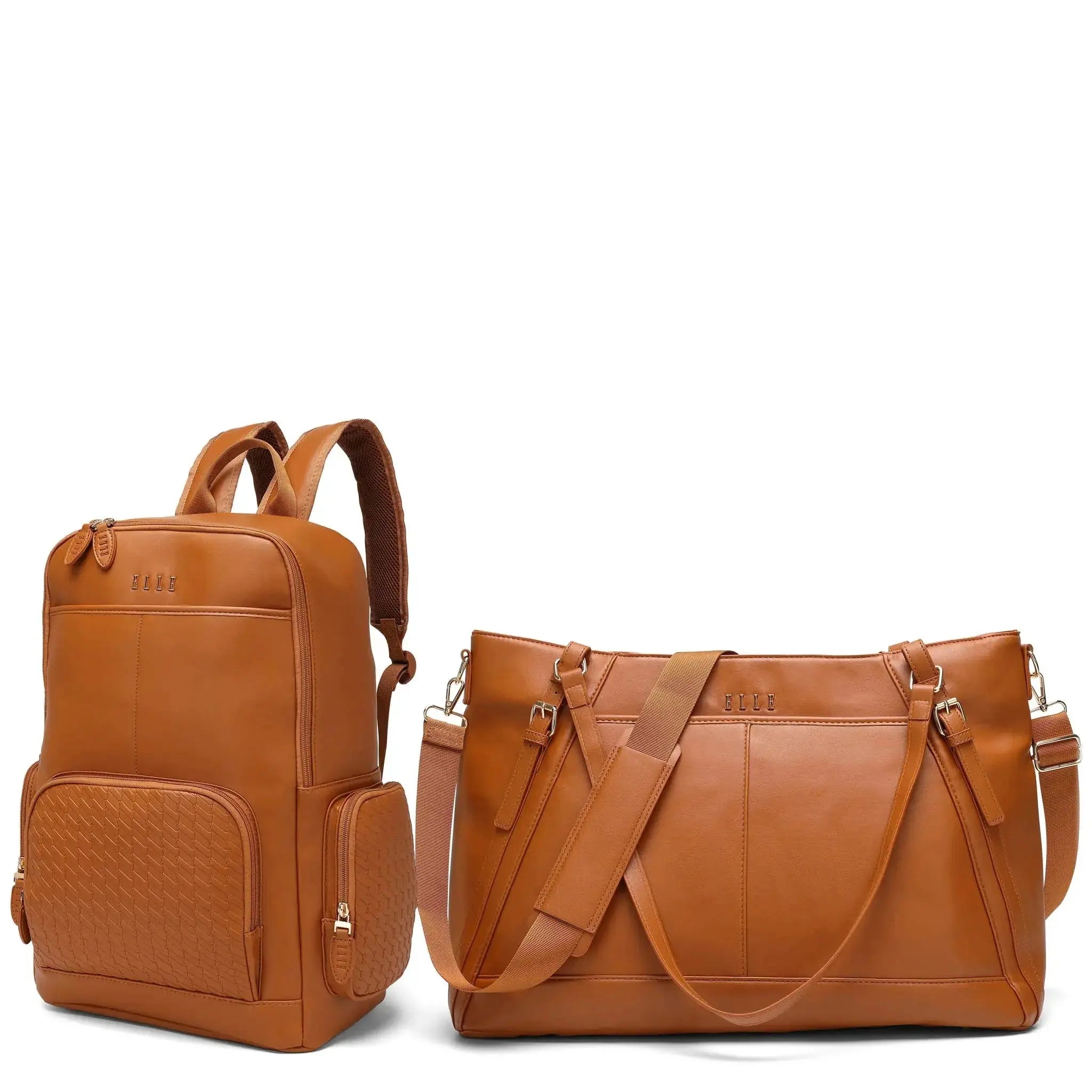 Brown leather backpack and handbag on a white background