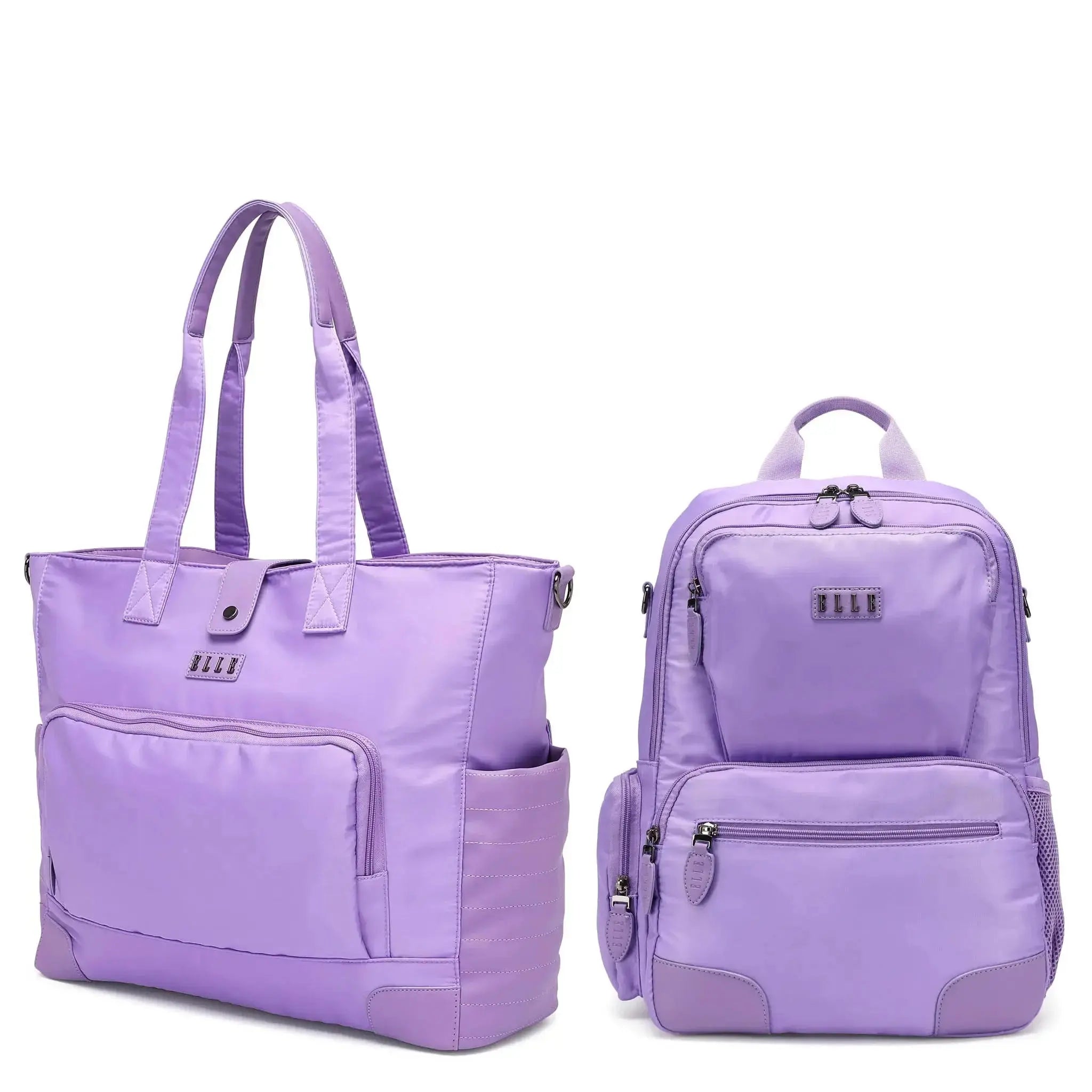 Purple tote bag and backpack on a white background