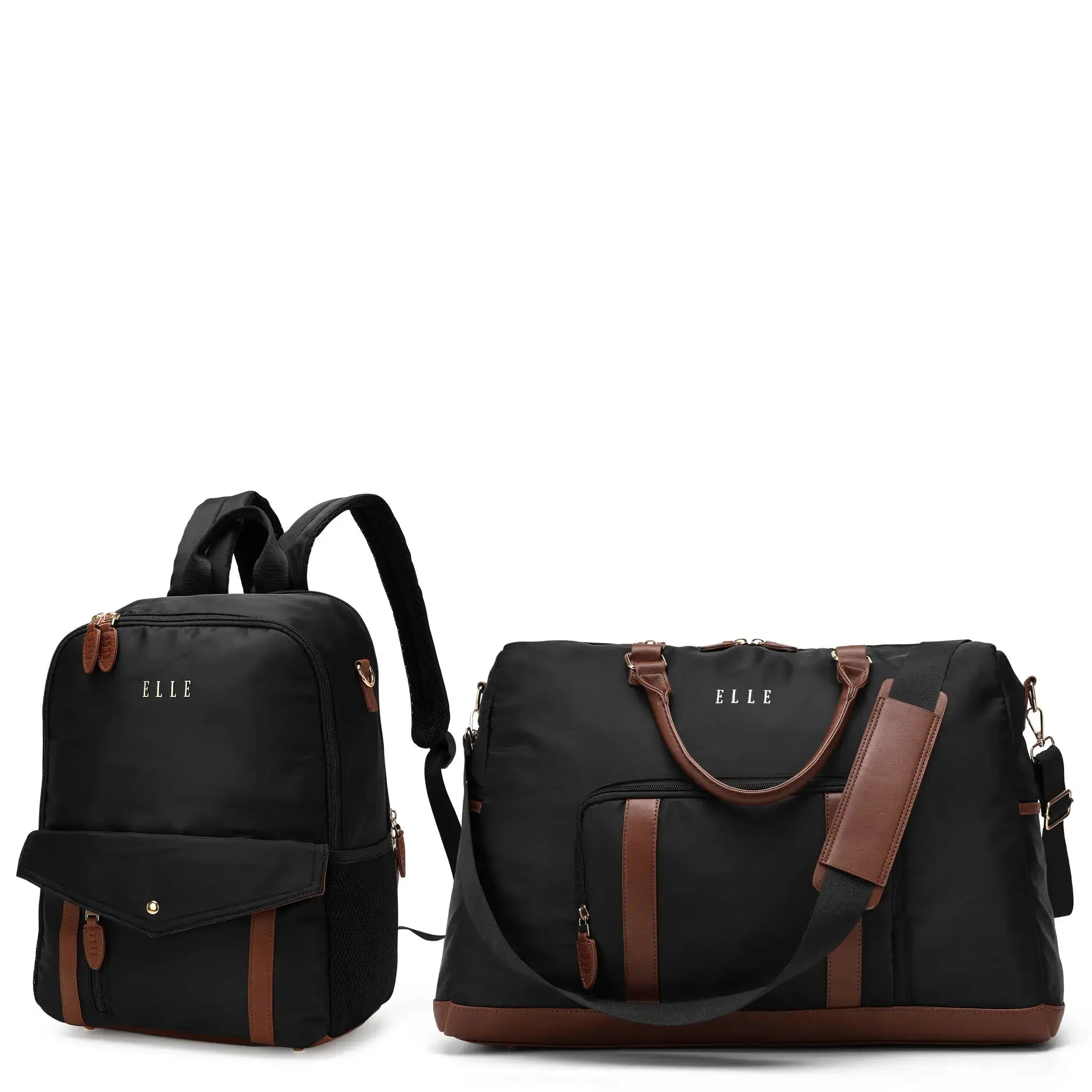 Black backpack and duffel bag with brown accents on a white background, featuring the brand 'ELLE'.