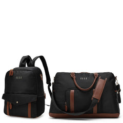 Black backpack and duffel bag with brown accents on a white background, featuring the brand 'ELLE'.