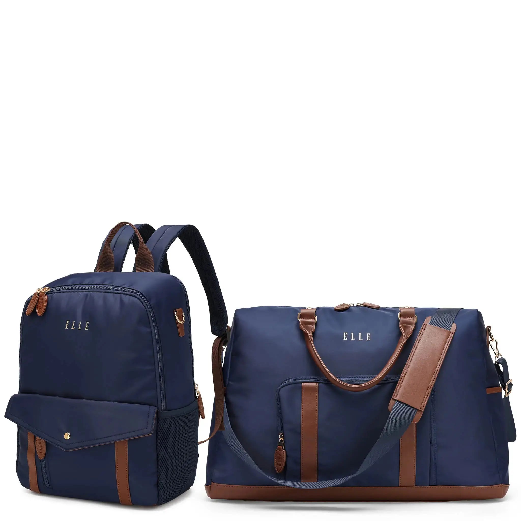 Navy blue backpack and duffel bag with brown accents on a white background