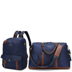 Navy blue backpack and duffel bag with brown accents on a white background