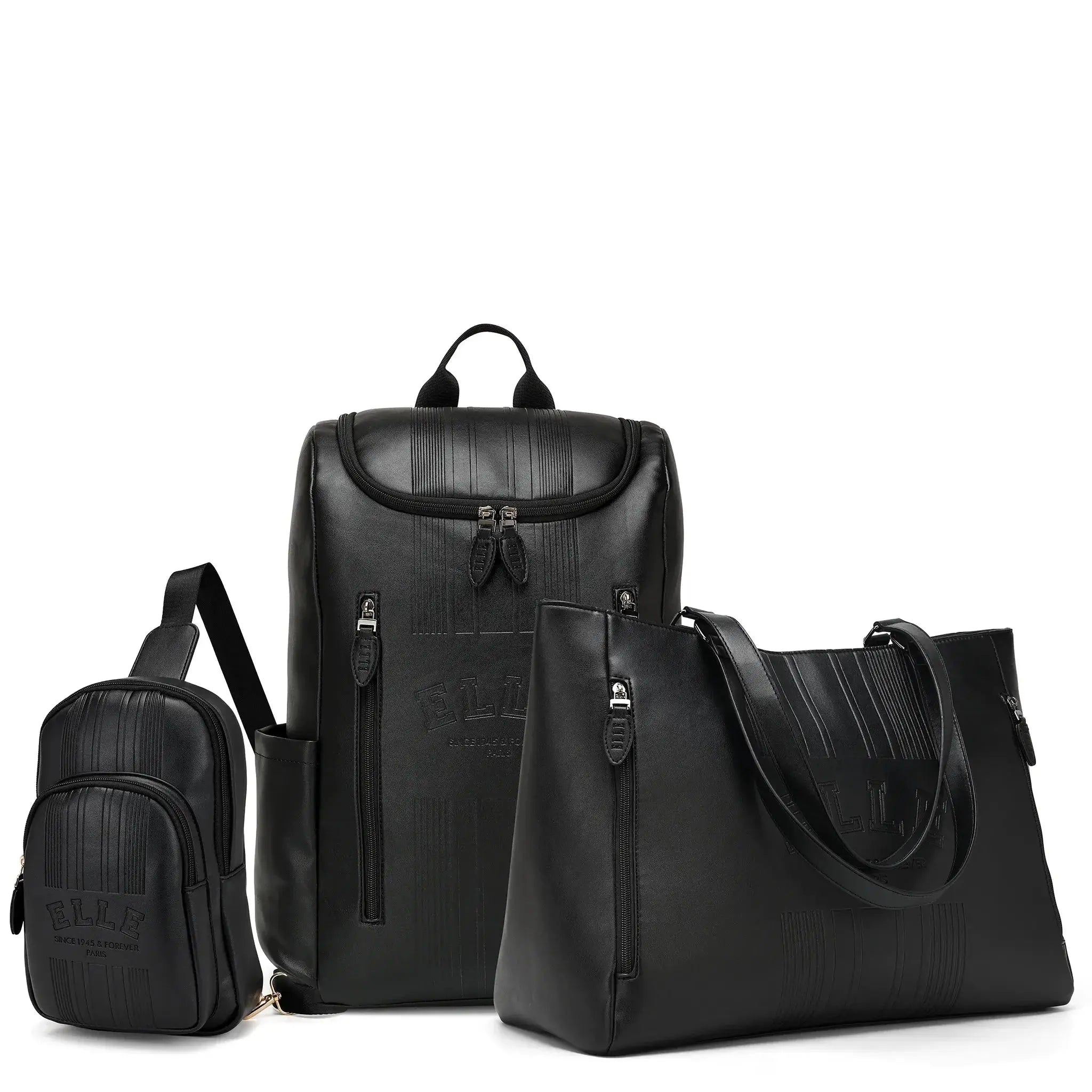 Set of black leather bags including a backpack and two handbags on a white background