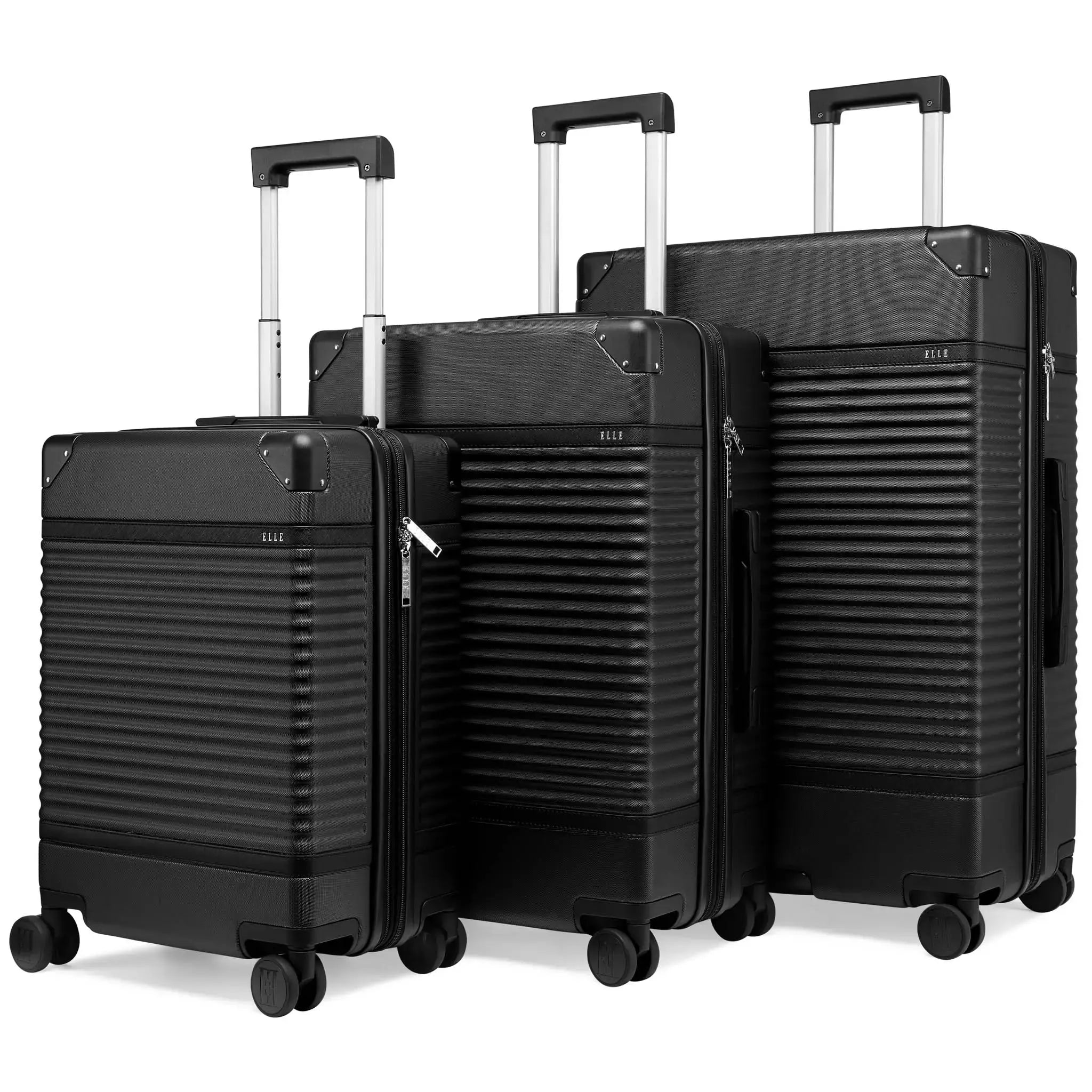 Three black suitcases of different sizes on a white background