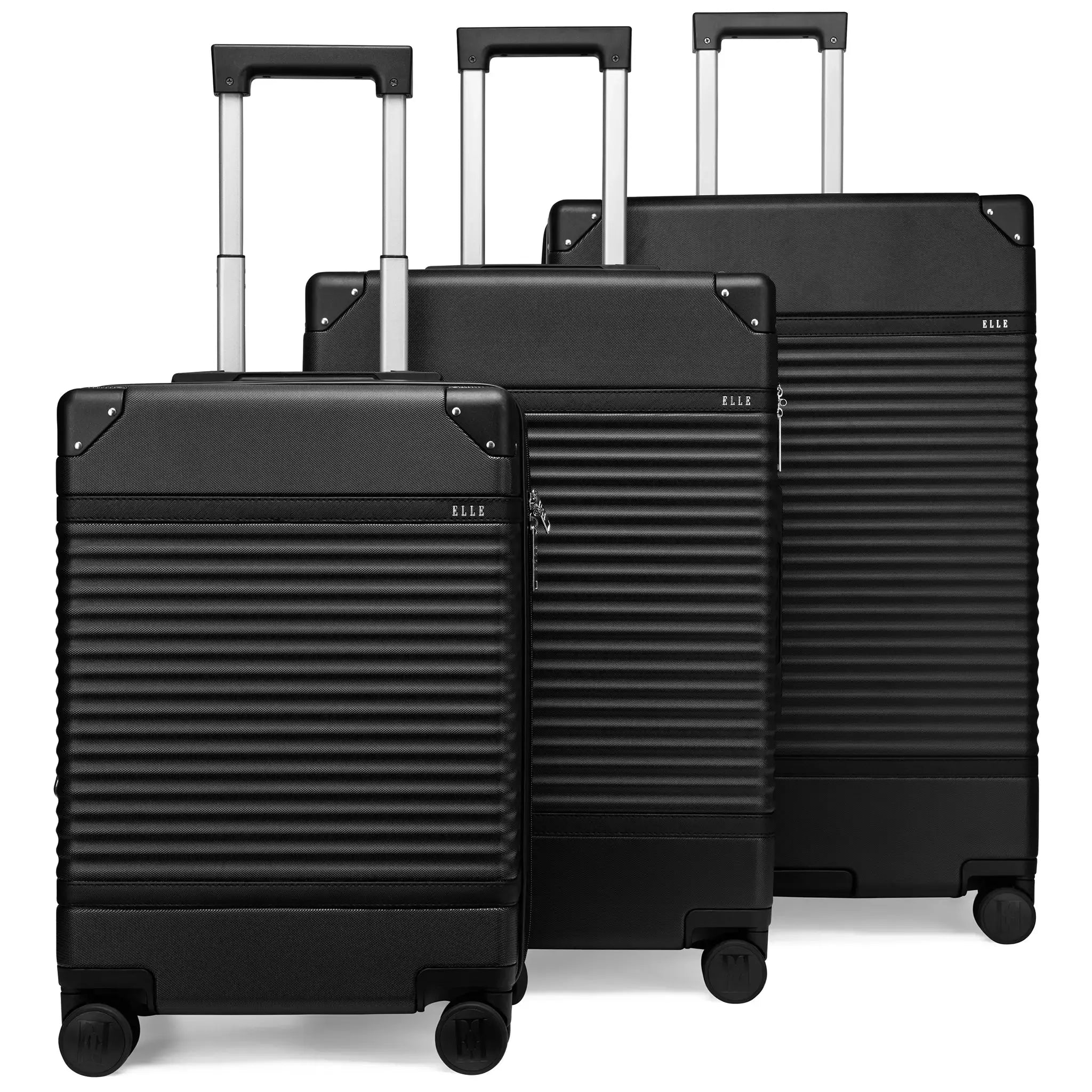 Set of three black suitcases with visible brand name on a white background