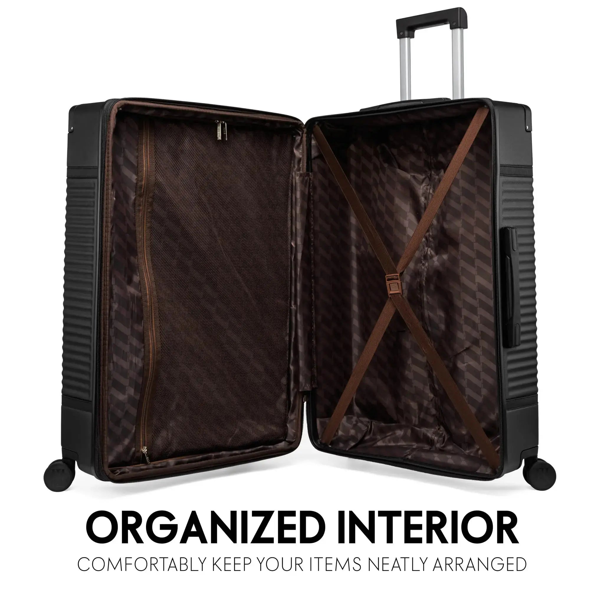 Black suitcase with open interior showing organized compartments on a white background