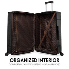 Black suitcase with open interior showing organized compartments on a white background