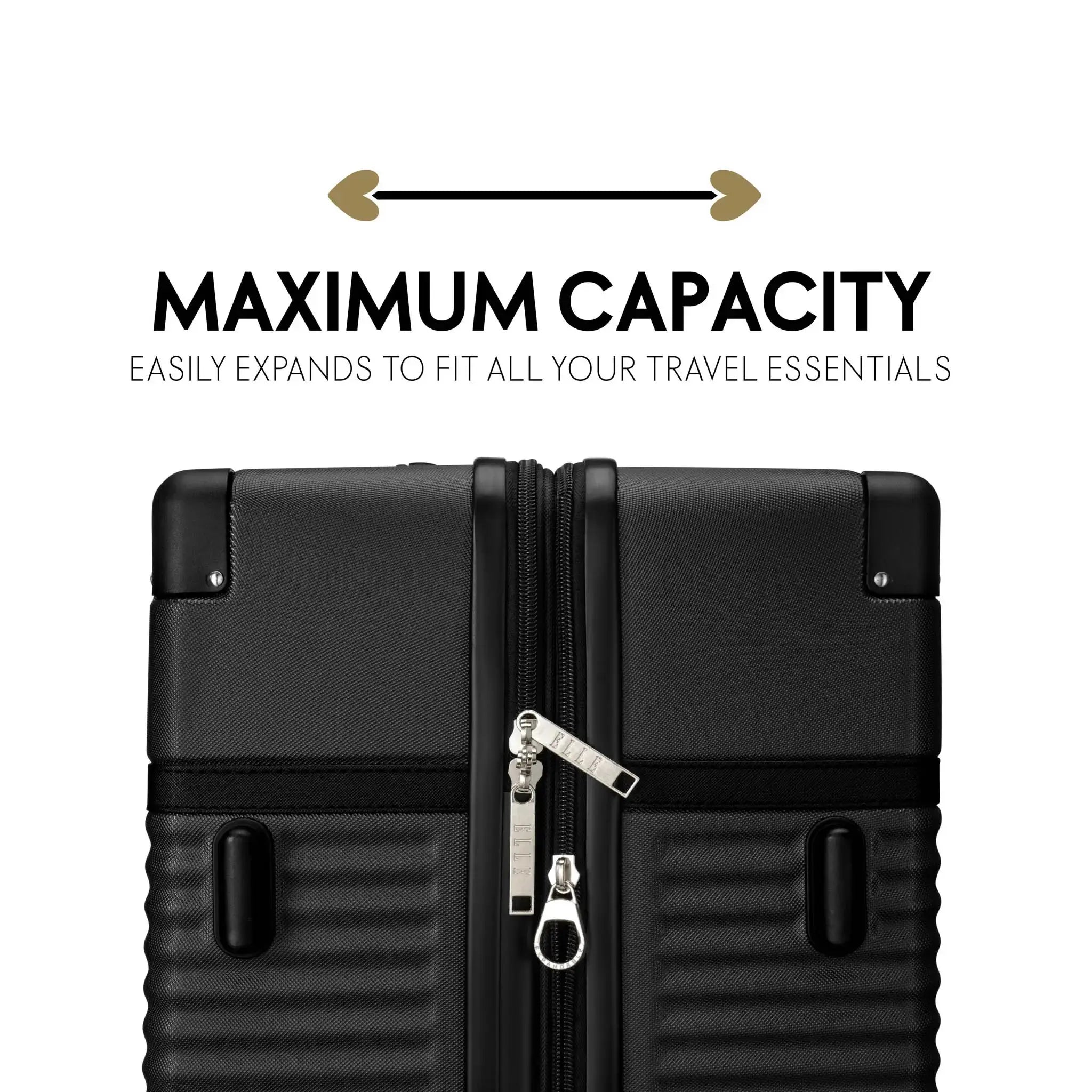 Black suitcase with text highlighting maximum capacity and expandability.