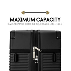 Black suitcase with text highlighting maximum capacity and expandability.