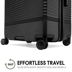 Black suitcase with smooth rolling wheels on a white background, featuring text about effortless travel.