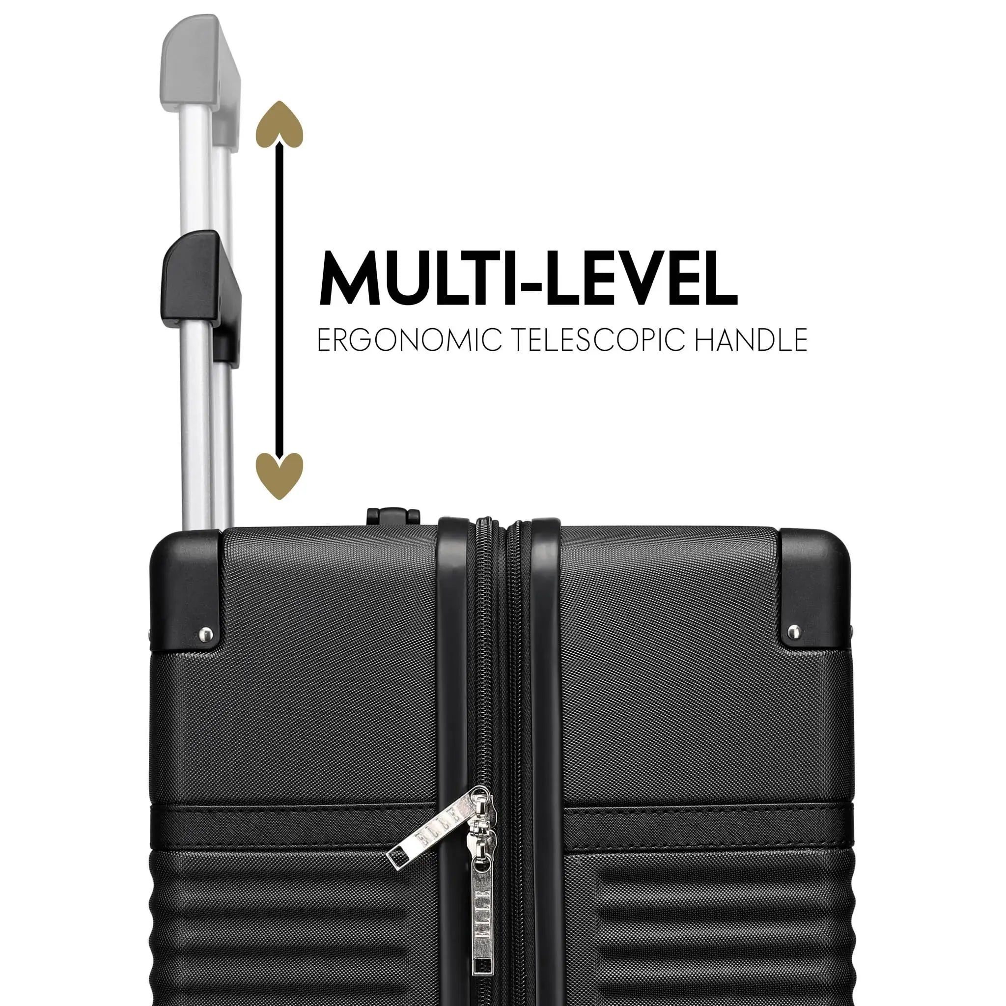 Black suitcase with a multi-level ergonomic telescopic handle on a white background