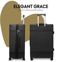 Two black suitcases with a beige abstract shape and text 'Elegant Grace' on a white background.