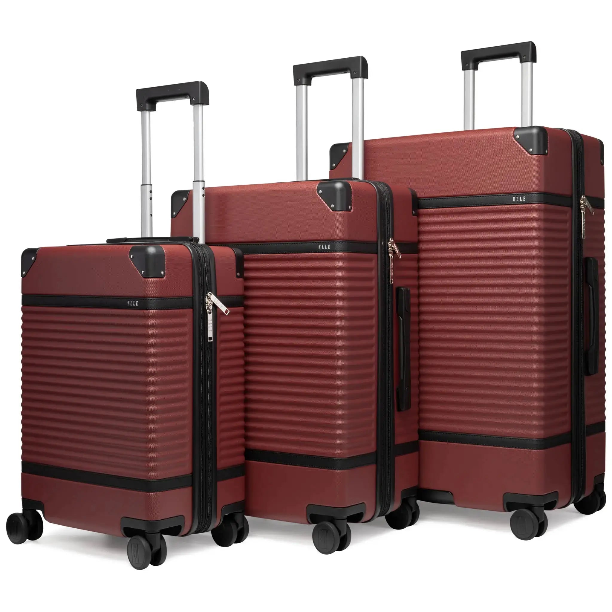 Set of three red suitcases with black accents on a white background