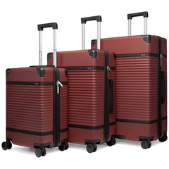 Set of three red suitcases with black accents on a white background