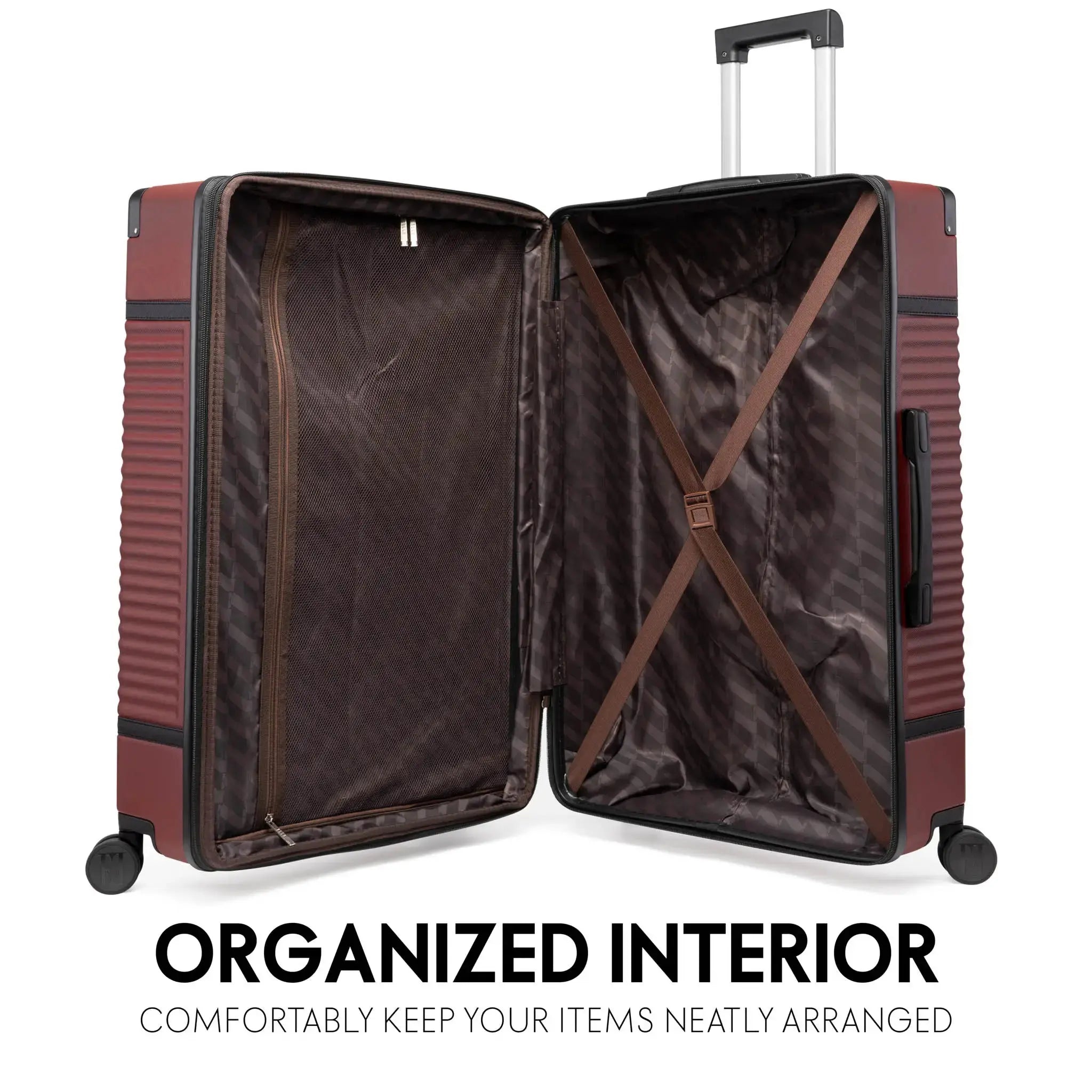 Open suitcase with organized interior on a white background