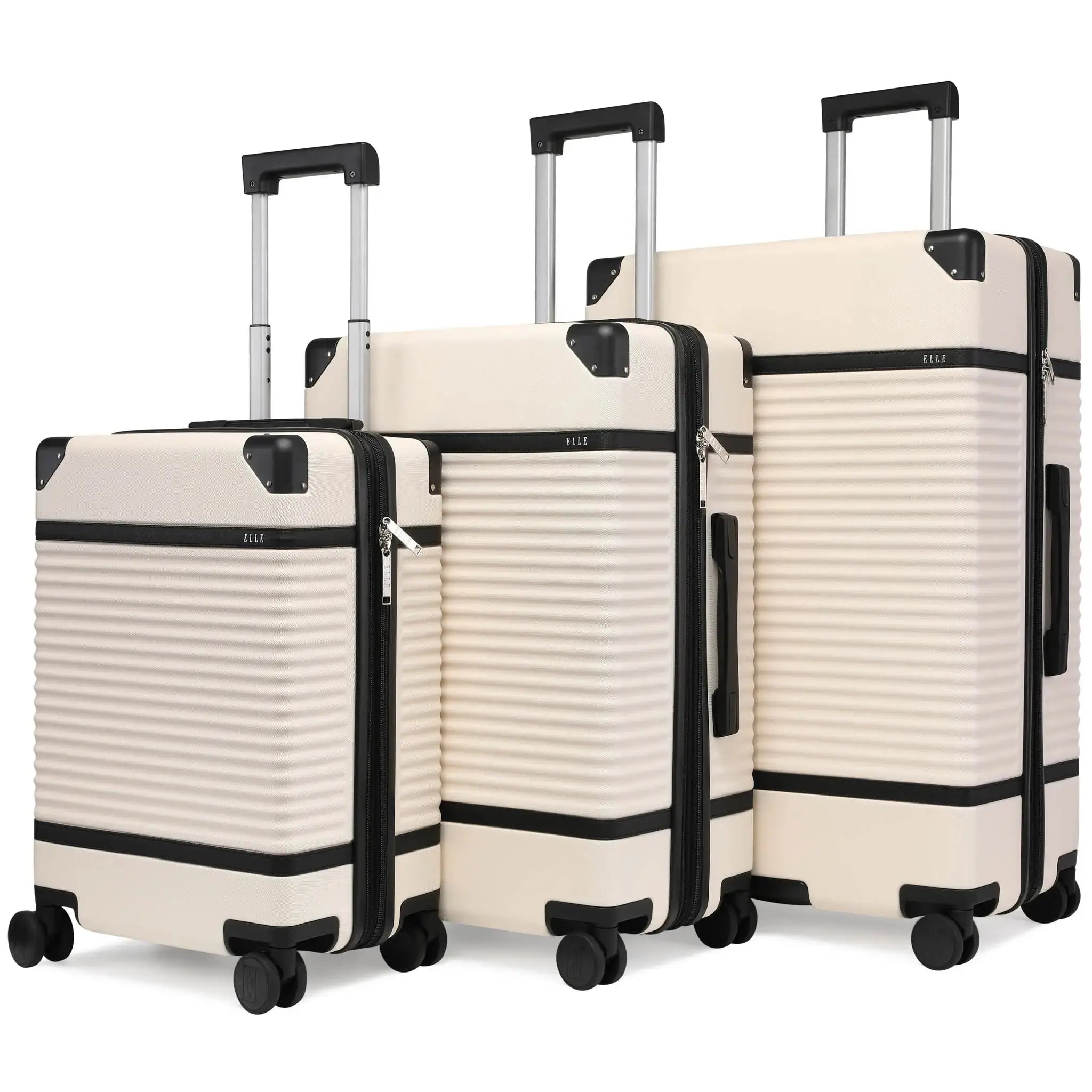 Set of three cream-colored suitcases with black accents on a white background