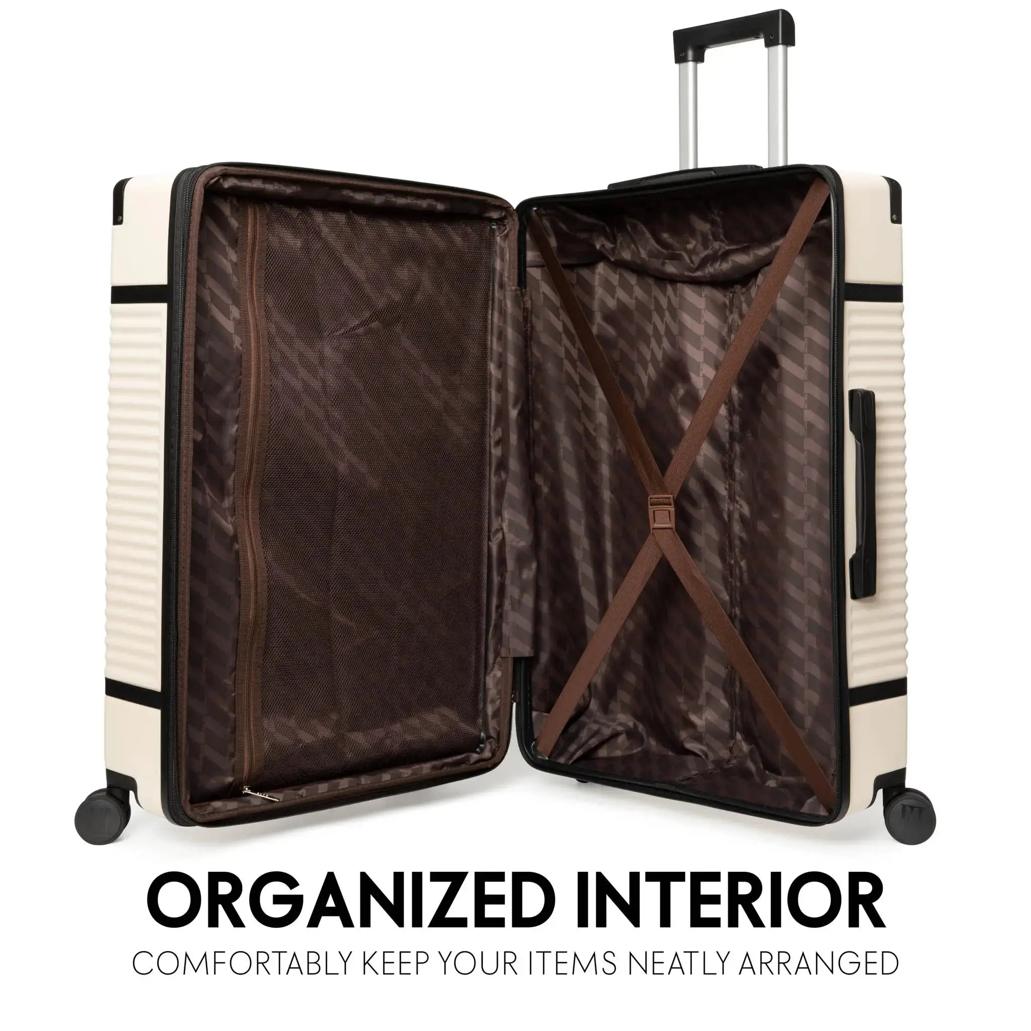 Open suitcase with organized interior on a white background
