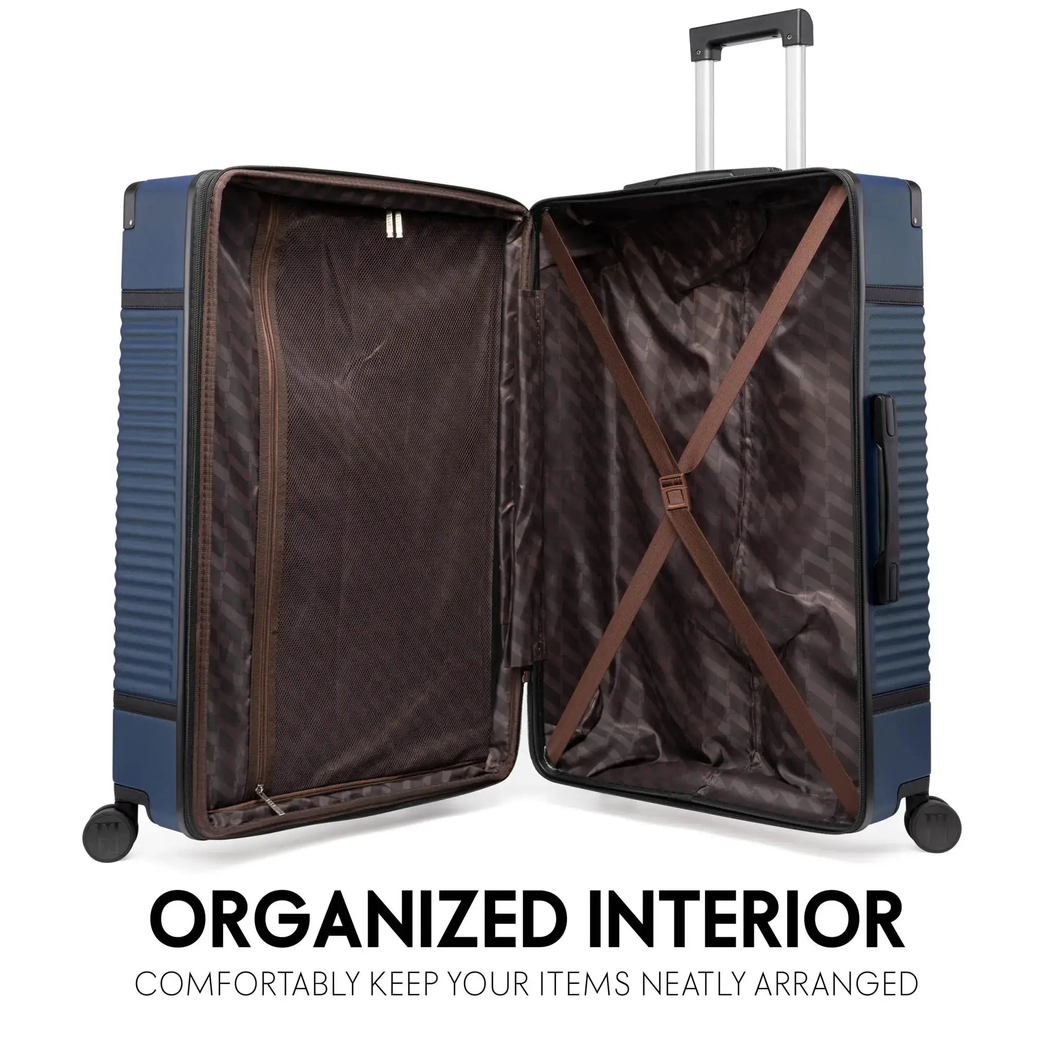 Open suitcase with organized interior on a white background