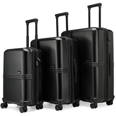 Set of three black suitcases of different sizes on a white background