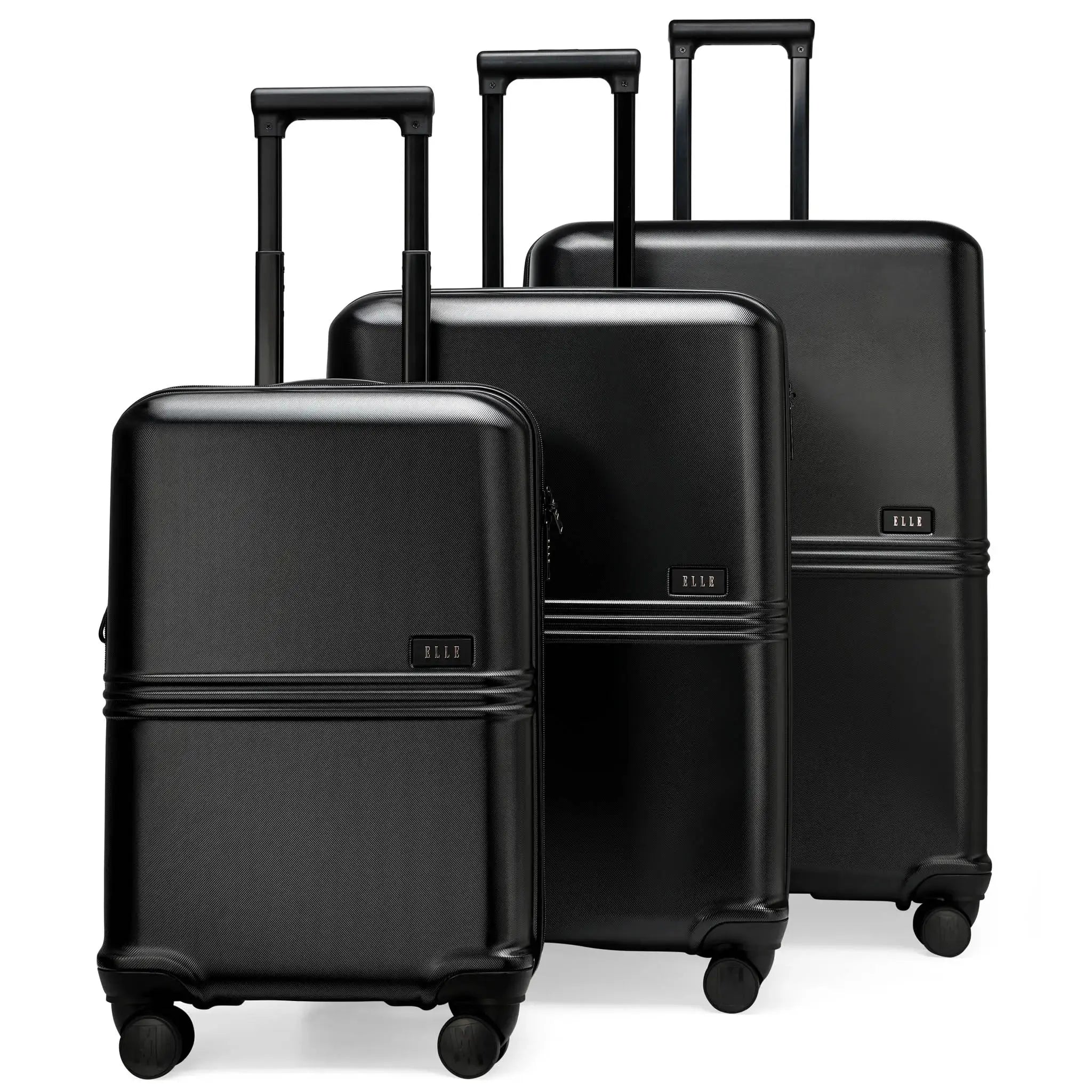 Set of black suitcases with visible brand logo on a white background
