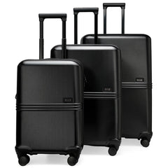 Set of black suitcases with visible brand logo on a white background