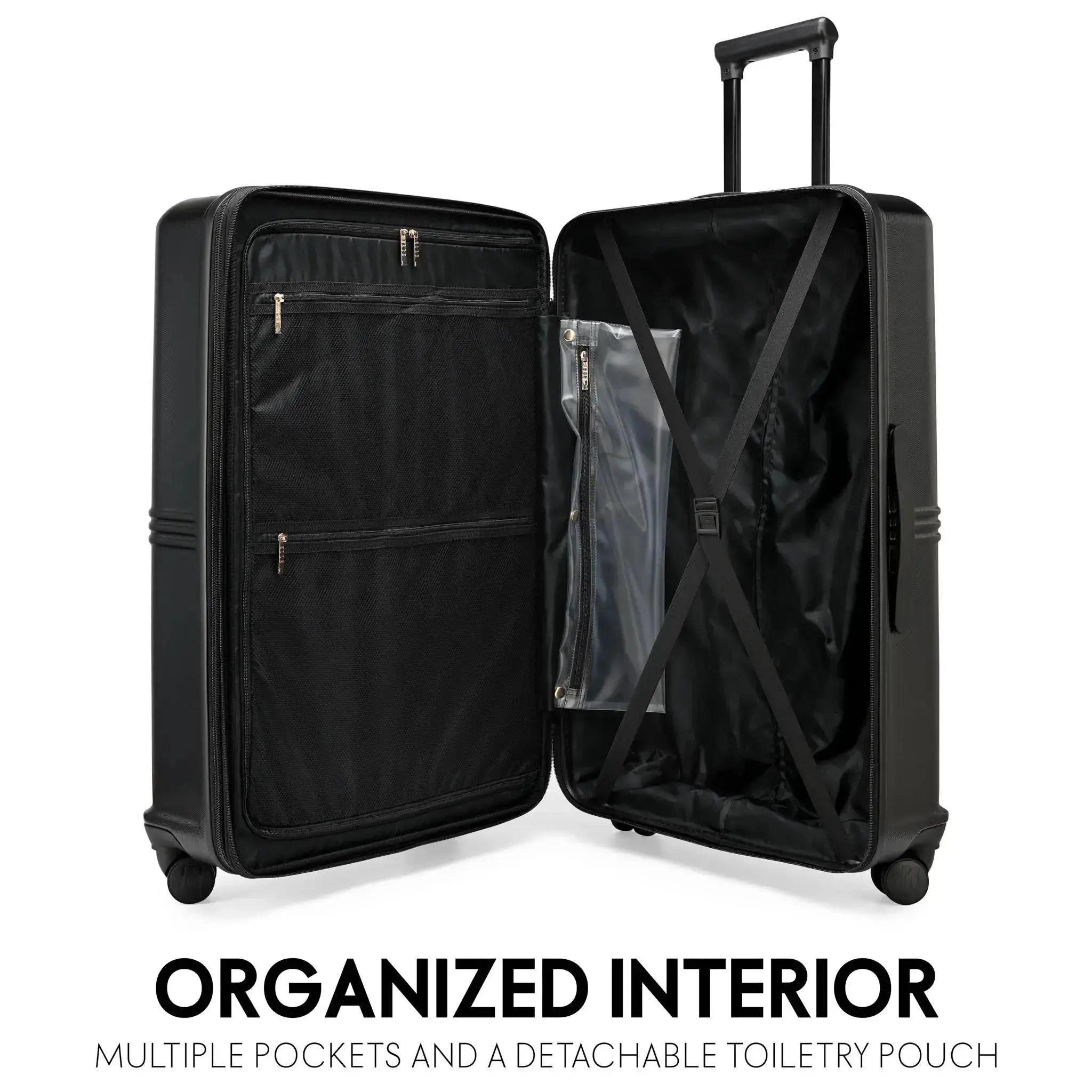 Black suitcase with open lid showing organized interior and detachable toiletry pouch on a white background.
