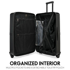 Black suitcase with open lid showing organized interior and detachable toiletry pouch on a white background.