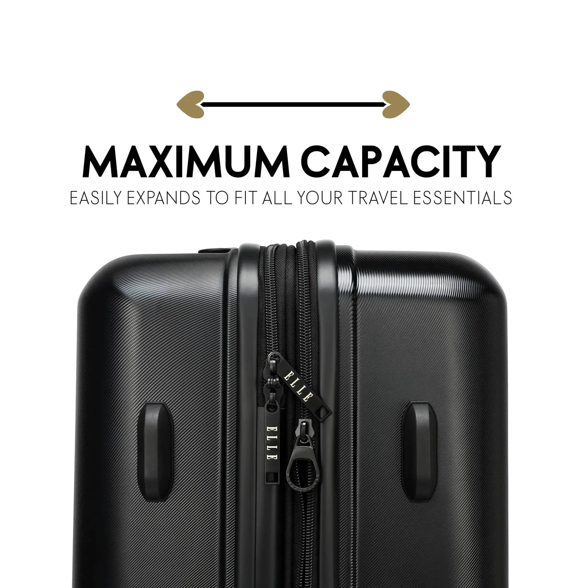 Black suitcase with text highlighting maximum capacity and expandability on a white background