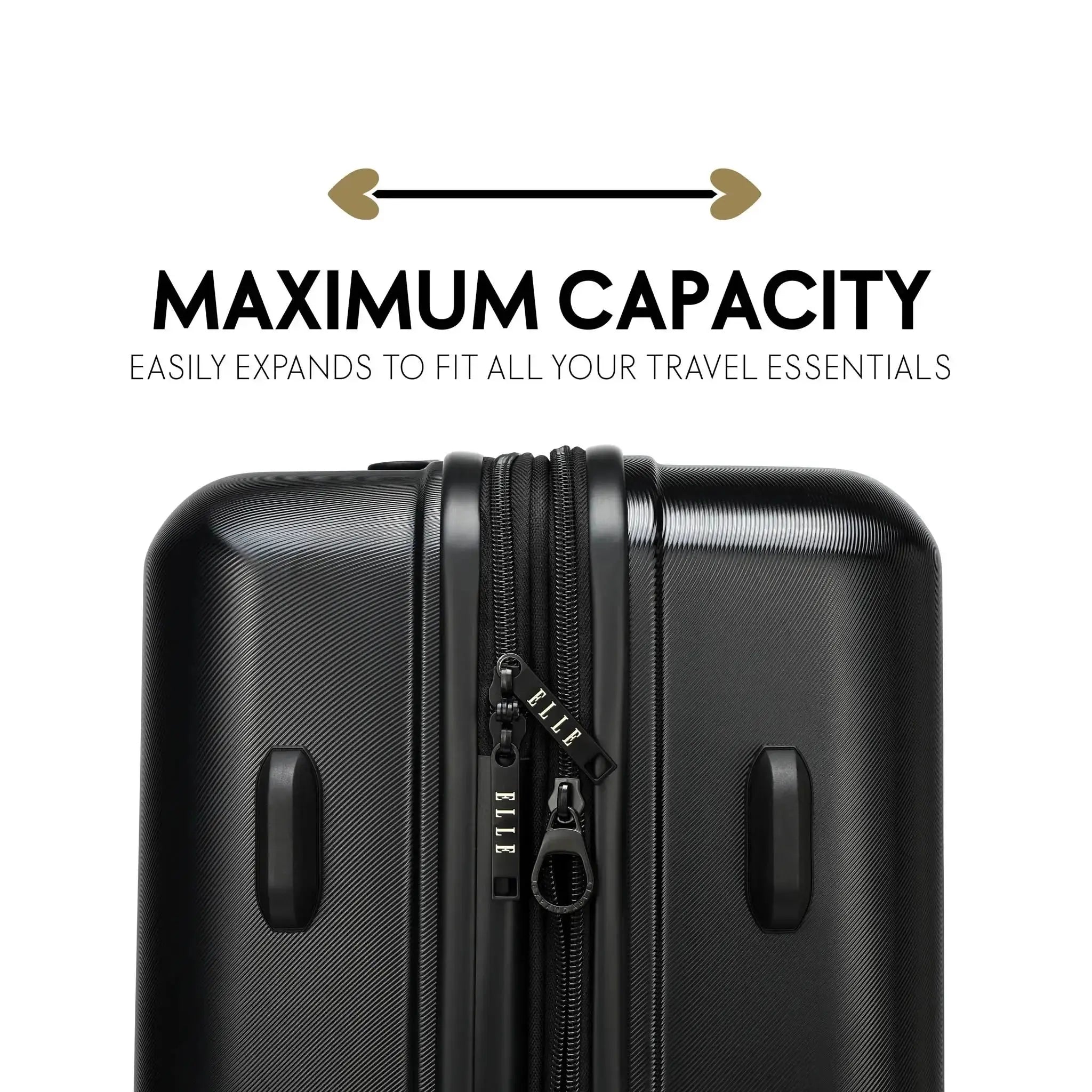 Black suitcase with text highlighting maximum capacity and expandability on a white background