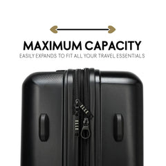 Black suitcase with text highlighting maximum capacity and expandability on a white background