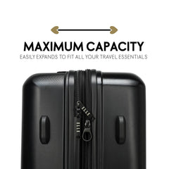 Black suitcase with text highlighting maximum capacity and expandability on a white background