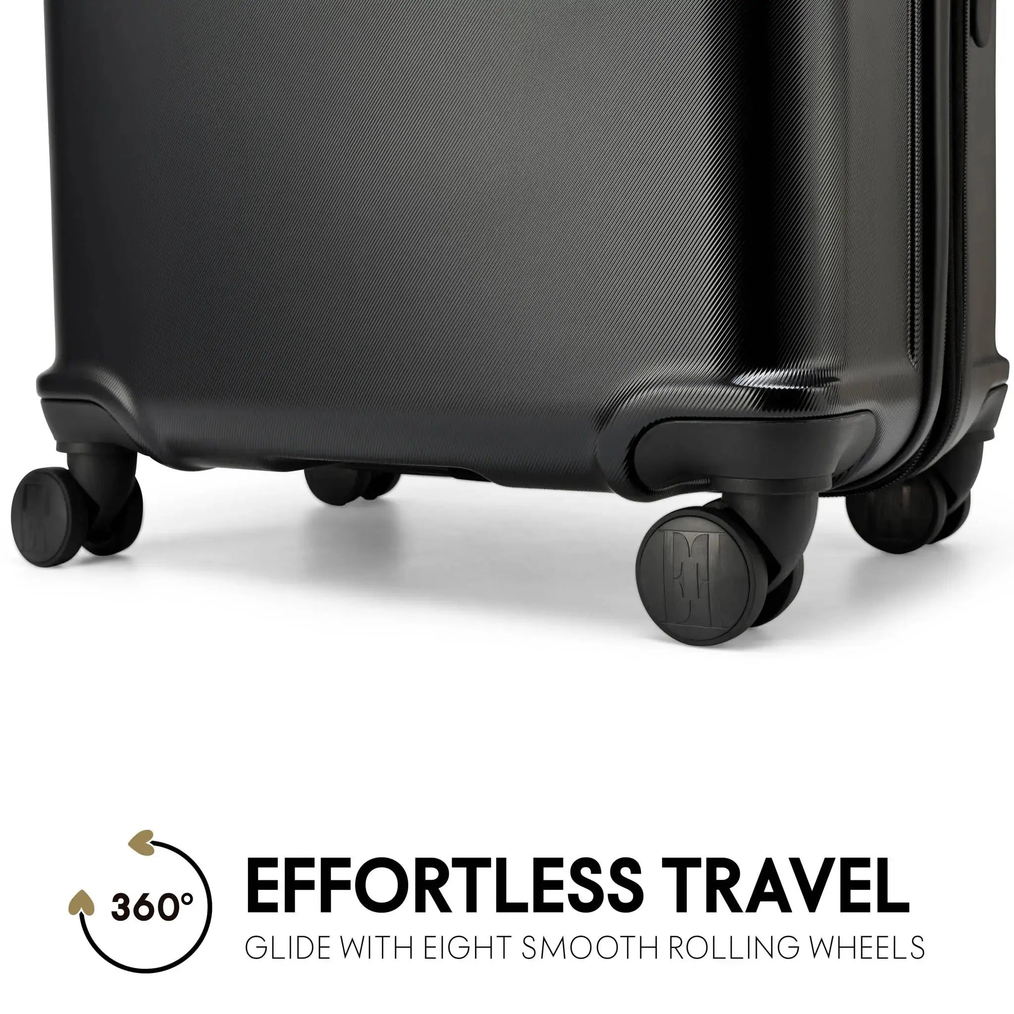 Black suitcase with smooth rolling wheels on a white background, featuring the text 'Effortless Travel' and '360° Glide with Eight Smooth Rolling Wheels'.
