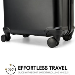 Black suitcase with wheels on a white background, featuring 'Effortless Travel' text.