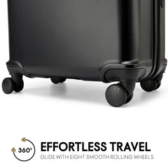 Black suitcase with smooth rolling wheels on a white background, featuring the text 'Effortless Travel' and '360° Glide with Eight Smooth Rolling Wheels'.