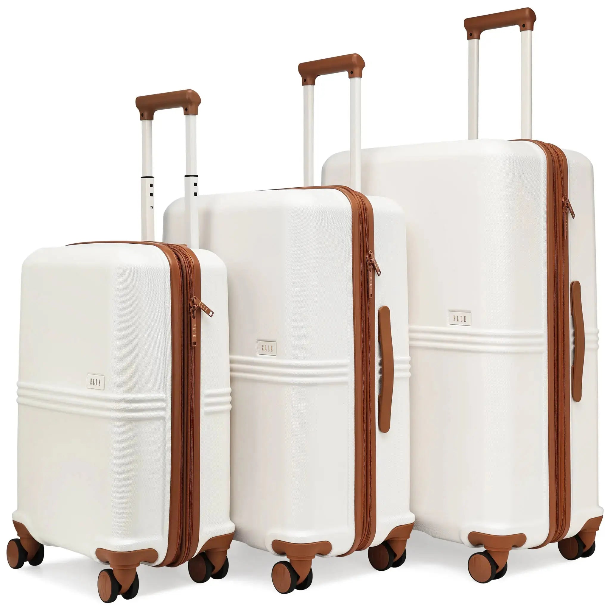 Set of three white suitcases with brown handles and wheels on a white background