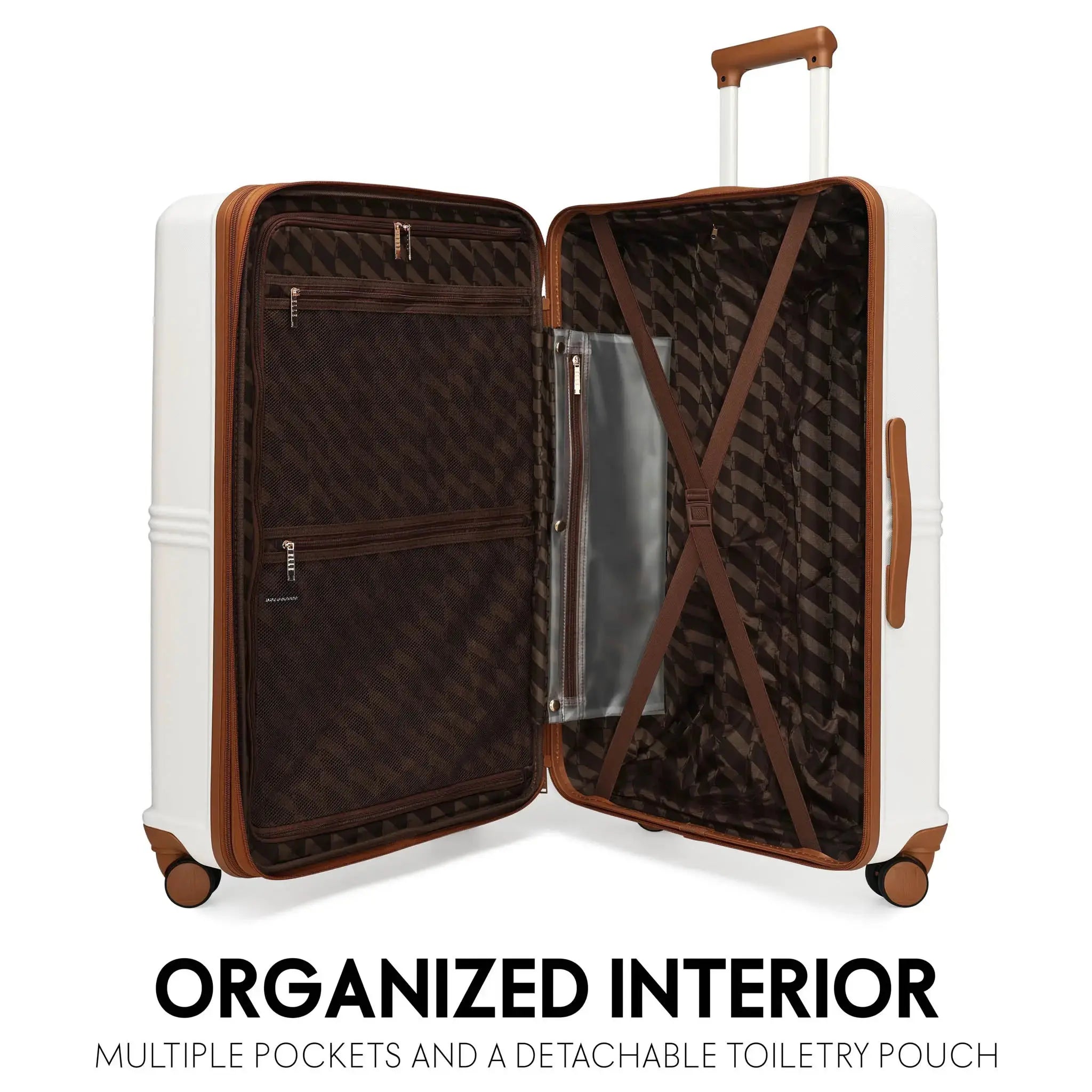 Open suitcase with organized interior on a white background