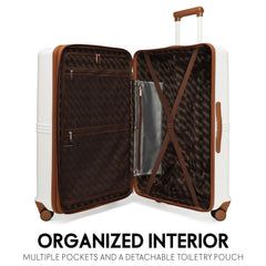 Open suitcase with organized interior on a white background