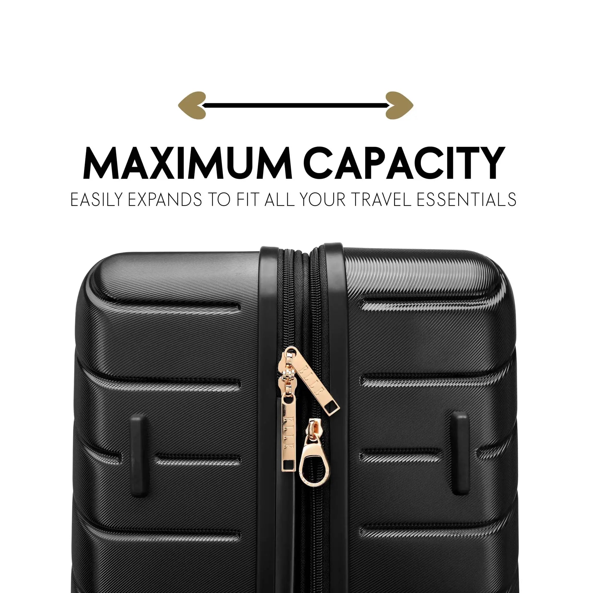 Black suitcase with gold zipper and text about maximum capacity on a white background