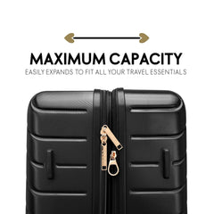 Black suitcase with gold zipper and text about maximum capacity on a white background