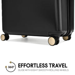 Black suitcase with eight smooth rolling wheels on a white background, featuring the text 'Effortless Travel'.