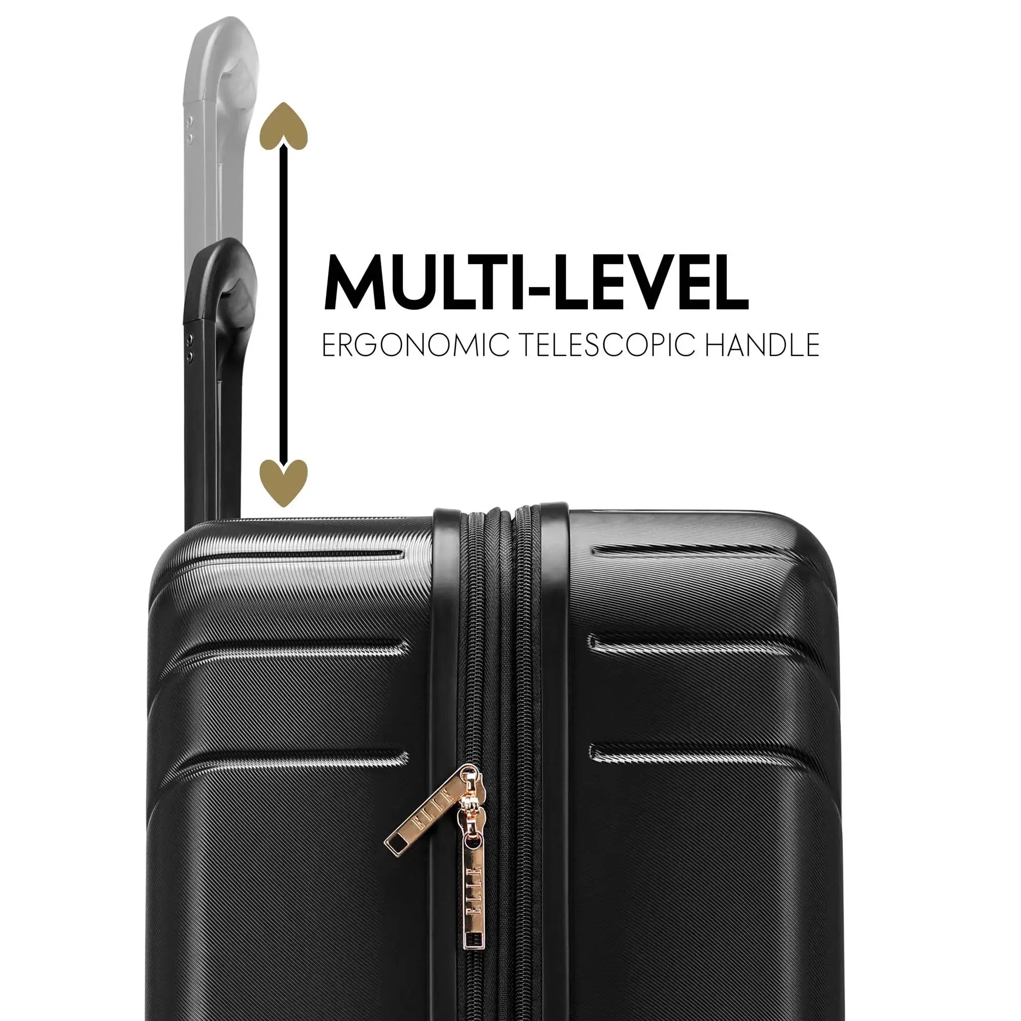 Black suitcase with a multi-level ergonomic telescopic handle on a white background