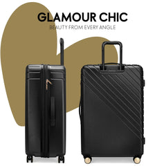 Two black suitcases with 'Glamour Chic' text on a white background