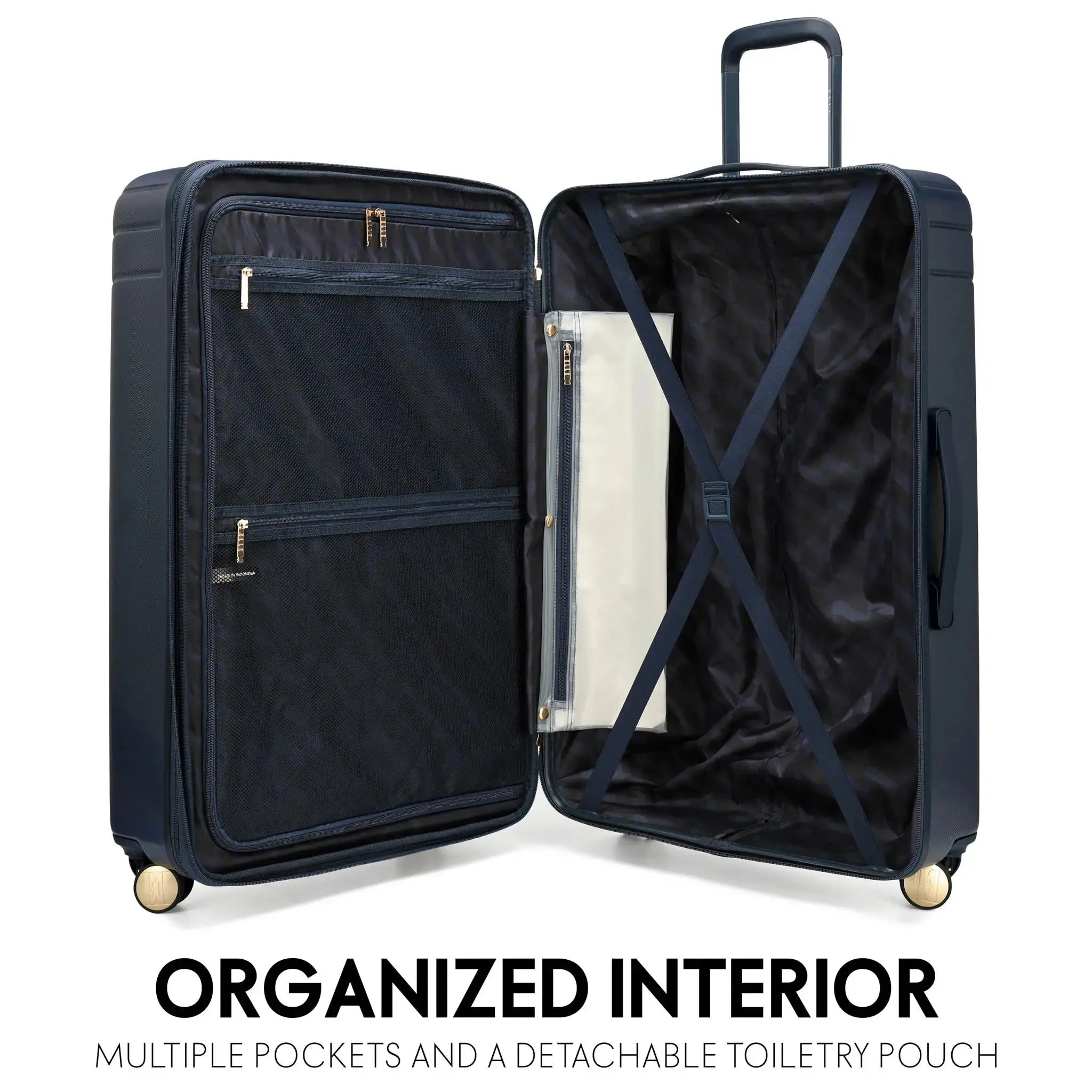Open navy suitcase with organized interior features on a white background